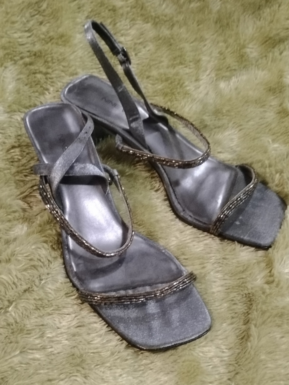 Nine West Metallic Gray Strappy Slingback Heels